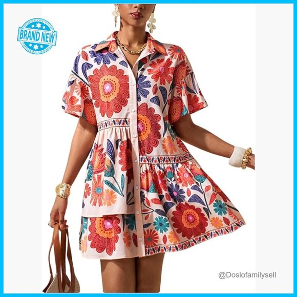 Dresses & Skirts - Floral Babydoll Dress Collared Short Sleeve Button Down Ruffle Summer Chic